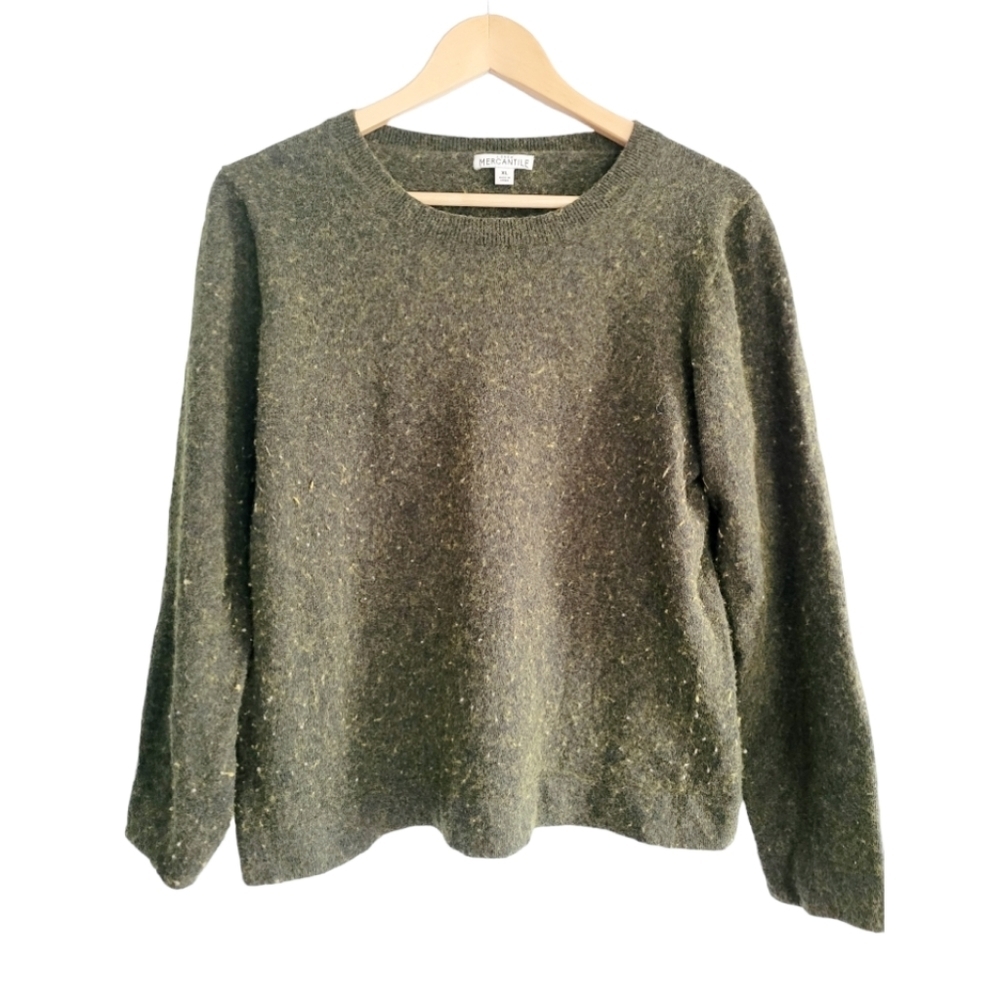 J. Crew Mercantile Army Green Nubby Crew Neck Sweater Wool and Cotton Size XL